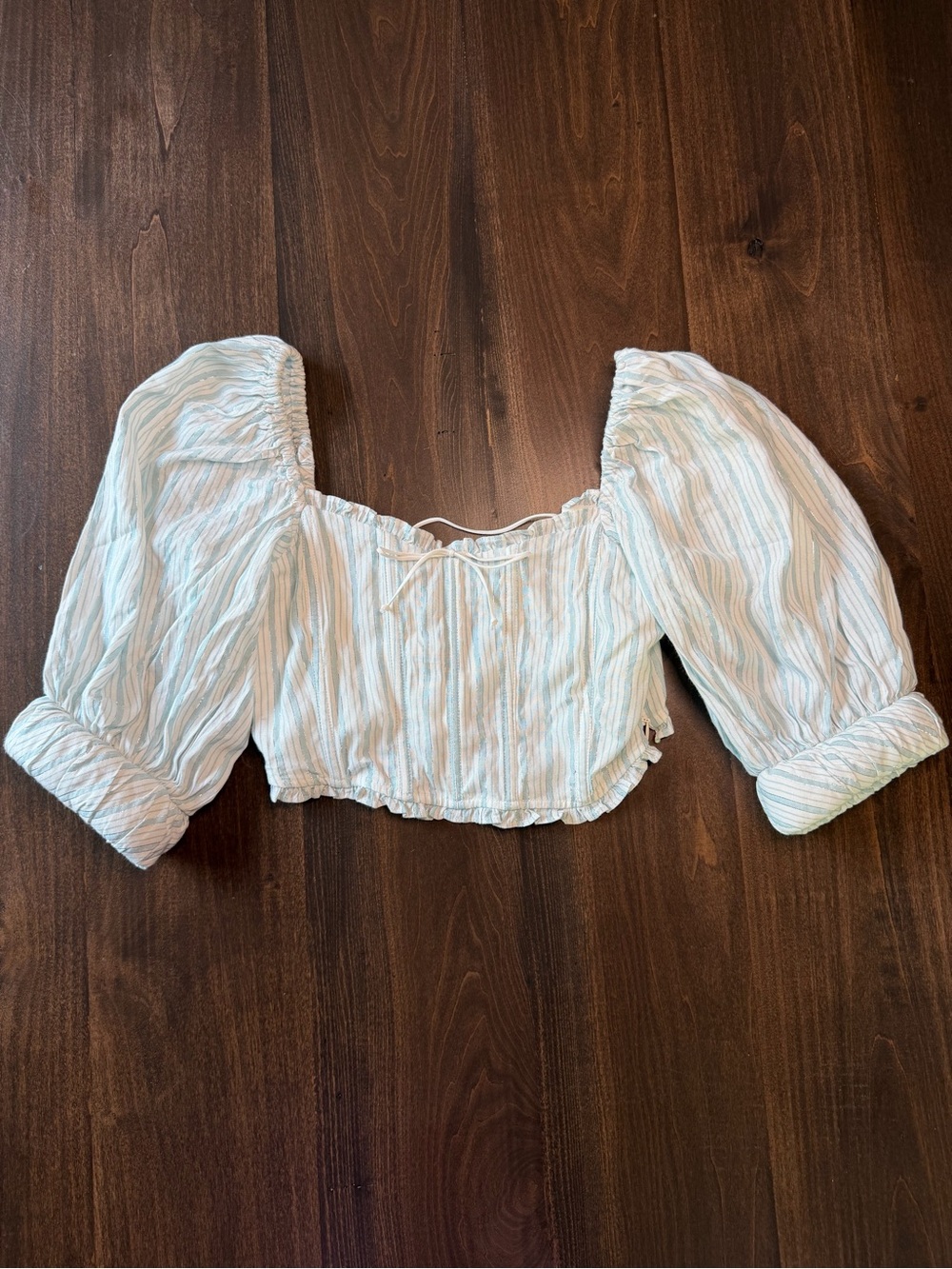 For Love And Lemons Light Blue and White Striped Cropped Puff Sleeve Top